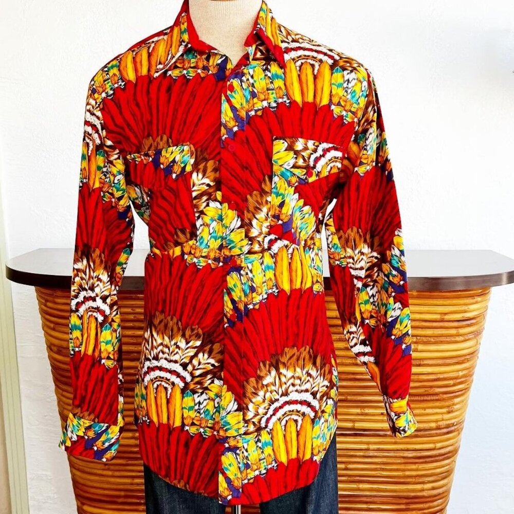 VINTAGE 90s ROPER NATIVE AMERICAN HEADDRESS PRINT SHIRT WESTERN COWBOY sz M